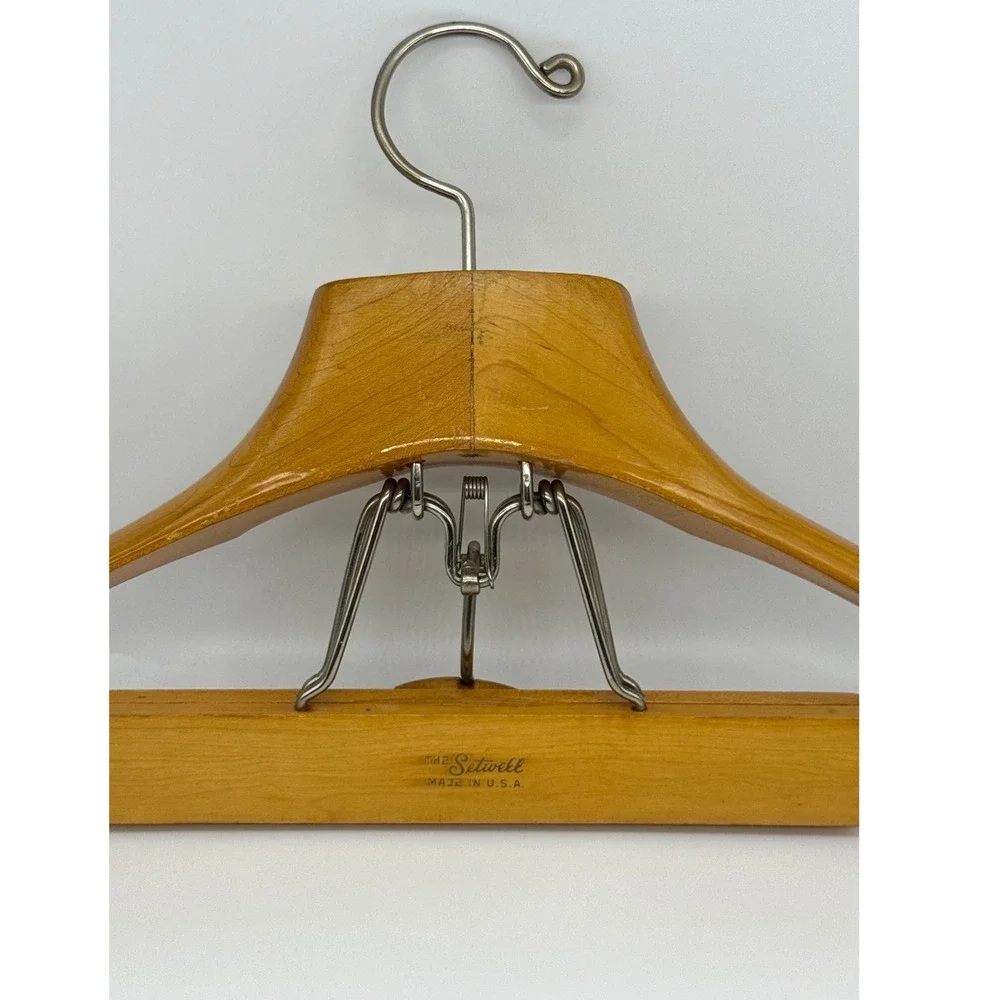 Vintage Neiman Marcus‎ Setwell Wood Suit Hanger Wishbone Clamp Clothes Pants USA